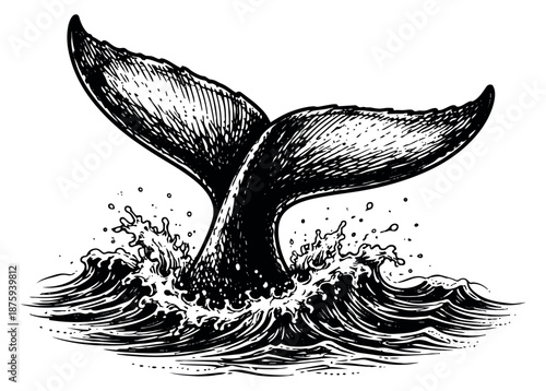 Engraved style illustration of a whale tail depicting splashing in ocean waves for marine life design