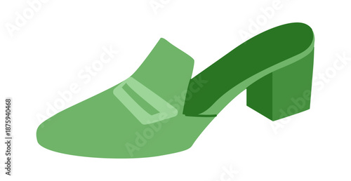 Green loafer mule shoe women flat. Slip on block heel shoe with strap detail for office, smart street look. Technical fashion illustration, CAD mockup, smooth vector men unisex isolated trendy style.