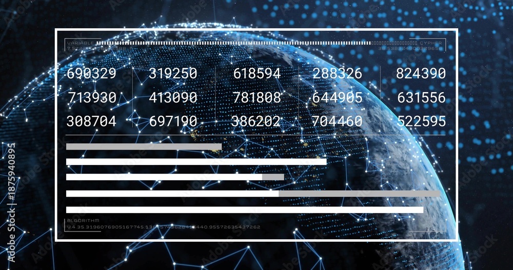 Fototapeta premium Displaying centered white HUD showing six-digit grid and bars over Earth, nodes connecting