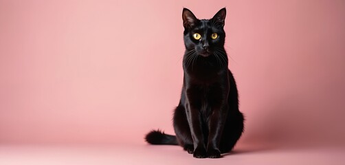 Elegant black cat with bright yellow eyes sits calmly on pink background. This domestic pet poses for camera, showing off its sleek fur and striking gaze.