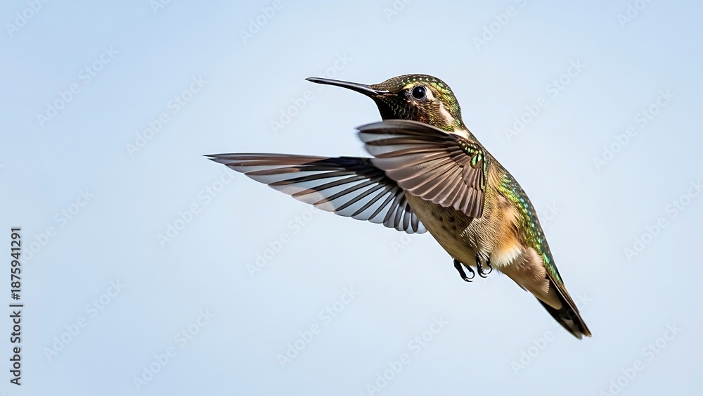 Naklejka premium A hummingbird in flight, wings spread wide, against a clear blue sky