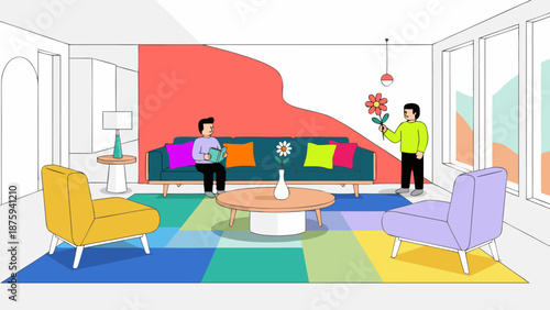 Friends Sharing Joy and Gifts in a Vibrant Modern Living Room Illustration