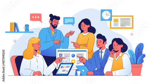 Diverse team collaborating on a business project with charts and data visualizations