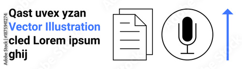 Audio recording, file sharing, digital communication, recording technology, transcription services, content creation. Minimalistic microphone icon and document graphics with an upward arrow. Audio