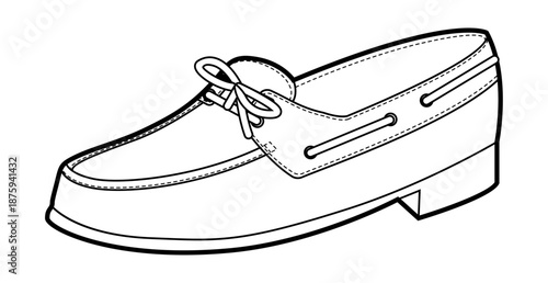 Boat loafer shoe women single line. Lace detail casual deck footwear for relaxed city walk holiday look. Technical fashion illustration CAD mockup clean vector man unisex isolated modern style.