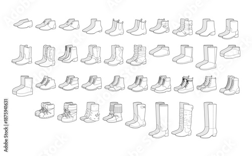 Boot line pair set. Chelsea work hiking duck cowboy, combat steel toe desert chukka platform, logger styles for men women. Minimal footwear drawing vector isolated outline collection for outdoor work