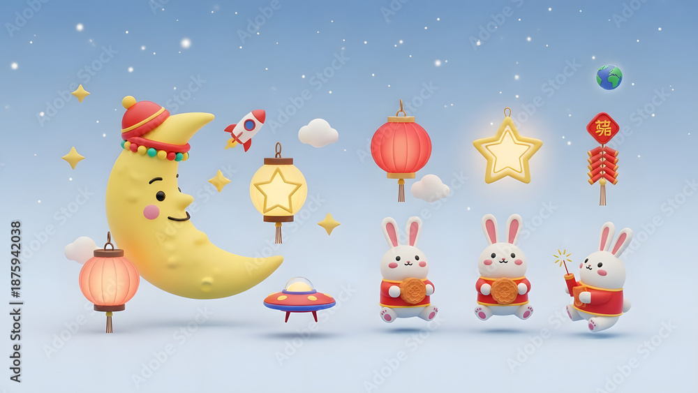 Fototapeta premium Enchanting 3D rendered scene of a celestial holiday, showcasing a cheerful moon character, playful rabbit figures, and vibrant lanterns, ideal for autumnal festivities and cultural themes
