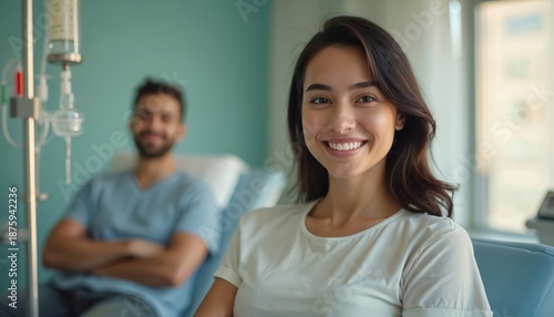 Young woman smiles during intravenous vitamin infusion therapy. Male patient sits blurred in background at clinic. Health care wellness treatment.
