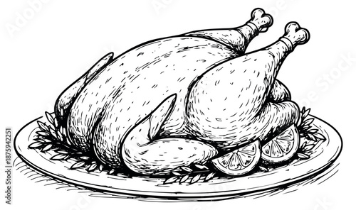 Hand drawn line art illustration of roasted turkey depicting a garnished dinner for a holiday celebration