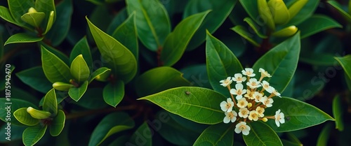 Vibrant green leaves and delicate cream-white flowers of an Australian native plant, showcasing its botanical texture and natural beauty,  small flowers,  vibrant