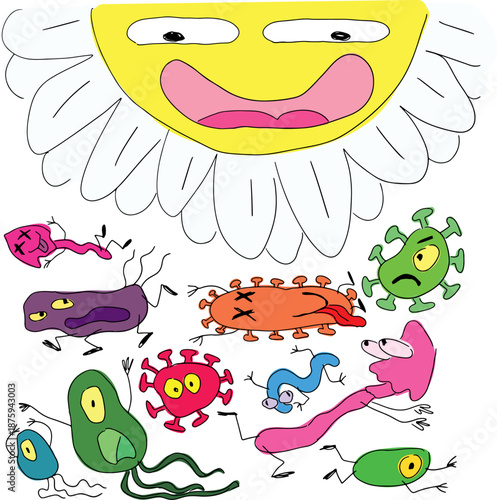 A funny giant daisy with a face looks down at the frightened and fleeing bacteria, parasites and fungi, drawn with grunge black curved lines, color drawing