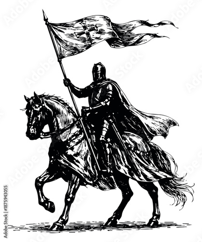 Hand drawn line art illustration of a medieval knight on horseback depicting a crusader carrying a flag for historical projects