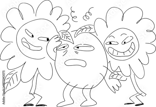 Two playful daisies with faces, causing low blood pressure and negatively affecting a character who feels dizzy. Ideal for health, humor, or medical themes, drawn with grunge black curved lines