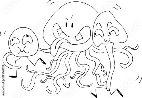 Playful characters representing diseases with faces, including tumors, polyps, and cysts walk together, hugging and smiling, drawn with crooked grunge lines