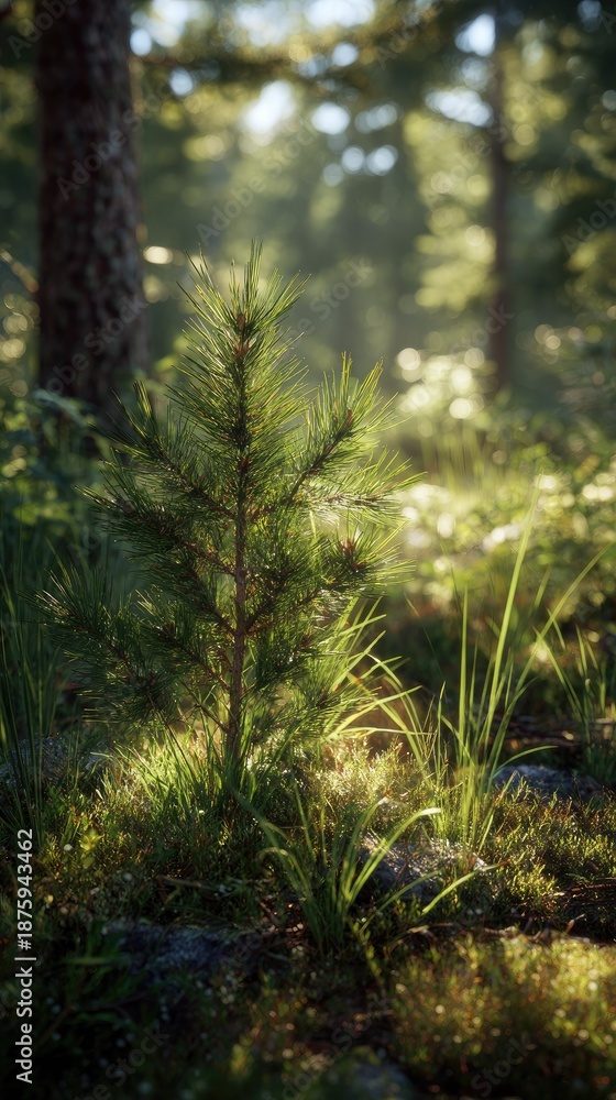 Fototapeta premium Young pine tree in forest sunlight nature scene for commercial use