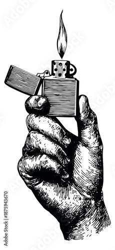 Hand drawn illustration of a hand holding a lit lighter depicting a flame for fire and ignition concepts