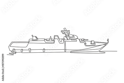Single one line drawing modern naval destroyer or frigate. Sharp bow, radar masts, powerful hull for maritime defense and ocean patrol missions. Continuous line draw design graphic vector illustration