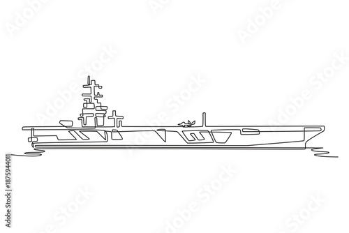 Continuous one line drawing massive naval aircraft carrier. Long flight deck, island superstructure, a small jet prepared for launch on open ocean. Single line draw design vector graphic illustration