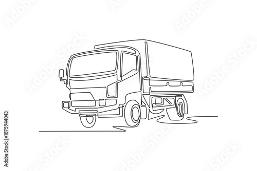 Continuous one line drawing standard military logistic truck. Covered cargo bed, tall cabin, robust chassis for transporting supplies and equipment. Single line draw design vector graphic illustration