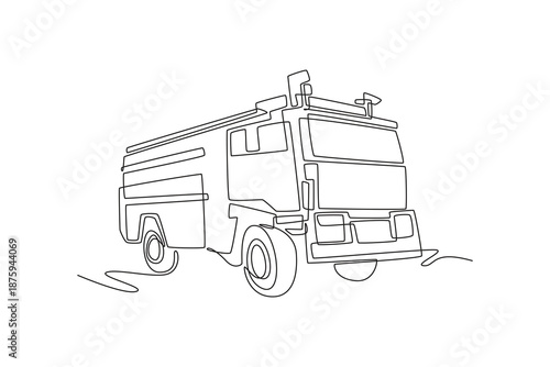 Continuous one line drawing specialized airport fire rescue vehicle. Water cannons, reinforced hull, massive tires for rapid airfield emergencies. Single line draw design vector graphic illustration