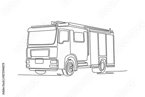 Single continuous line drawing heavy duty fire engine. Large cab, equipment compartment, ladder storage used by firefighters for emergency rescue work. One line draw graphic design vector illustration