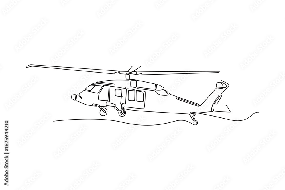 Fototapeta premium Single one line drawing versatile military transport helicopter. Main rotor blades, landing gear, cabin windows of craft, air support missions. Continuous line draw design graphic vector illustration