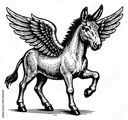 Hand drawn line art illustration of a winged donkey depicting a mythical creature standing for fantasy and symbolic concepts