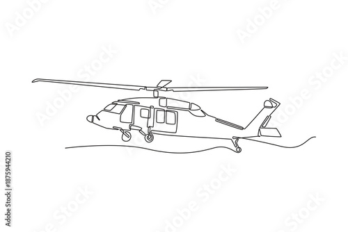 Single one line drawing versatile military transport helicopter. Main rotor blades, landing gear, cabin windows of craft, air support missions. Continuous line draw design graphic vector illustration