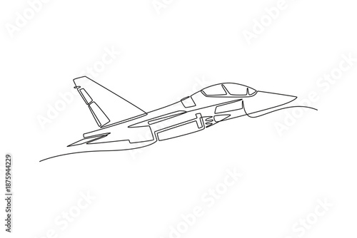 Single one line drawing supersonic jet is elegantly. The needle-nose fuselage and swept-back wings designed for high-speed military intercepts. Continuous line draw design graphic vector illustration