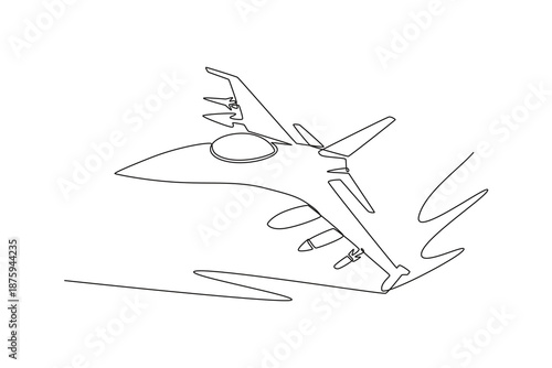 Single one line drawing a supersonic fighter jet. Aerodynamic wings, cockpit canopy, underside missiles for aerial defense and combat missions. Continuous line draw design graphic vector illustration