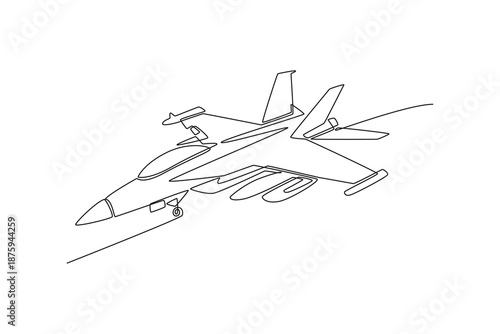 Single one line drawing military aircraft. Technical aspect of aviation design, suitable for aerospace engineering or defense industry projects. Continuous line draw design graphic vector illustration