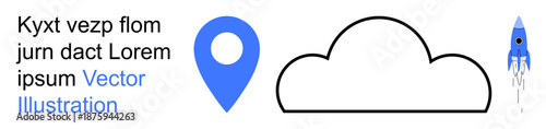 Technology, navigation, innovation, cloud storage, data connectivity, startup growth. A cloud, location pin and rocket are . Navigation and technology concepts
