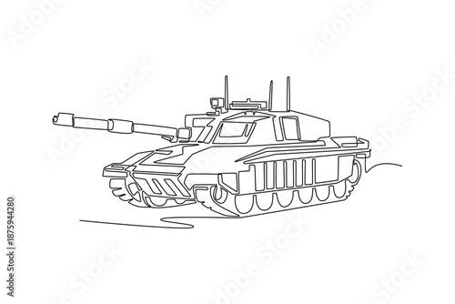 Single one line drawing powerful armored vehicle. Heavy treads, rotating turret, long barrel of modern main battle tank for military combat use. Continuous line draw design graphic vector illustration