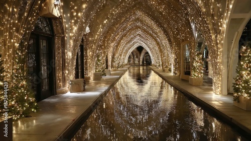 Magical Night Scene with Festive Lights and Reflective Waterway