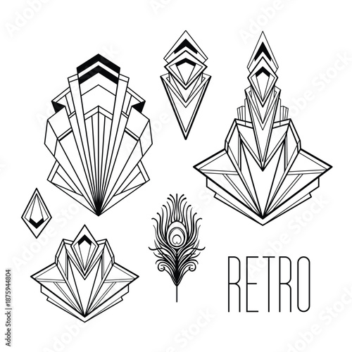 Black and white vector set of decorative Art Deco geometric elements. Elegant line art shapes inspired by 1920s design, perfect for frames, borders, posters, invitations, coloring books.
