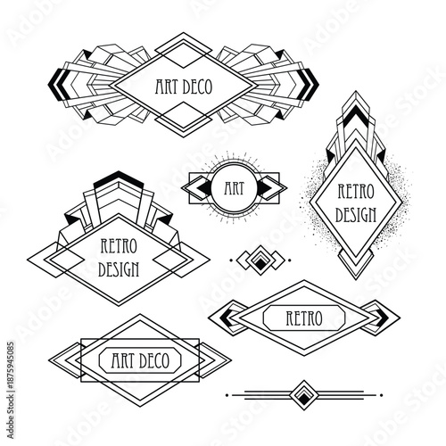Black and white vector set of decorative Art Deco geometric elements. Elegant line art shapes inspired by 1920s design, perfect for frames, borders, posters, invitations, and coloring projects.