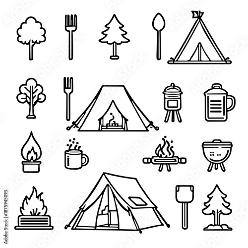Camping and Outdoor Gear Line Art Icons Set