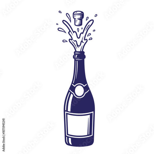 champagne bottle popping with champagne cork flying out and champagne splashing up in the air isolated on transparent background