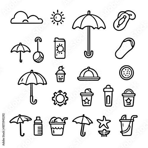 Set of Summer Beach Themed Outline Icons and Symbols