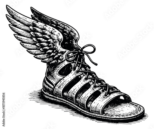 Hand drawn line art illustration of a winged sandal depicting mythological speed for history and travel concepts