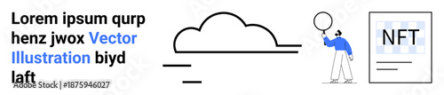 Cloud with simple lines, individual holding balloon, NFT poster emphasized. Ideal for creativity, digital assets, blockchain, modern tech, innovation, internet culture simple landing page