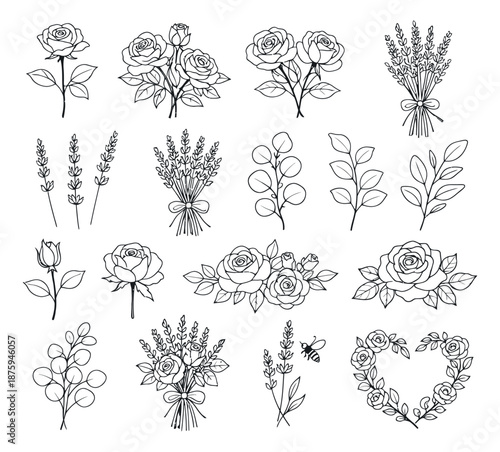 Hand drawn line art floral elements set featuring roses, lavender, eucalyptus branches, and a bee for wedding invitations and botanical designs