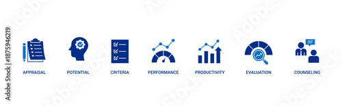 Performance Appraisal icon set containing appraisal, potential, criteria, performance, productivity, evaluation and counselling vector icons