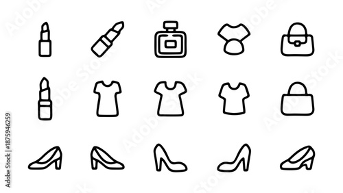 Fashion Iconography: An array of minimalist line icons represents essential elements of style, from classic lipstick to elegant heels, perfectly capturing the essence of fashion in its purest form.
