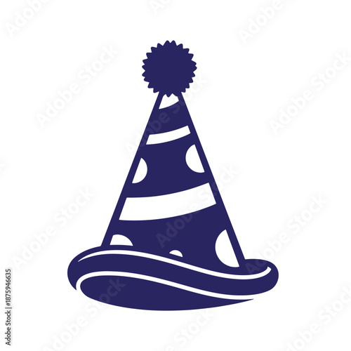 navy blue party hat with pompom and stripes on transparent background