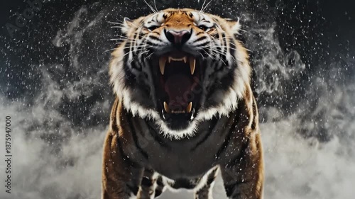 A close-up shot of a tiger, its eyes glowing, showing its teeth in an aggressive stance