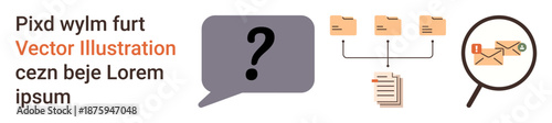 Knowledge management, information processing, data organization, digital communication concepts, file systems, troubleshooting. Displays file icons, speech bubble with question mark, magnified email