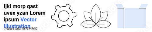 Business branding, sustainability, environment preservation, innovation, eco-friendly growth, corporate identity. Gear, leaf and open box symbols in minimalist line art. Sustainability and business
