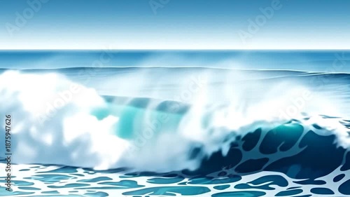 A stylized ocean wave cresting, depicted with dark blues, aqua, and foamy white