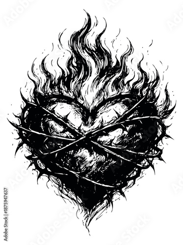 Hand drawn illustration of a heart depicting flames and thorn vines for symbolic passion and pain